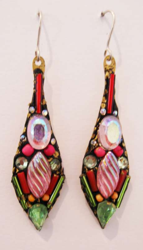 Large pink and green drop earrings